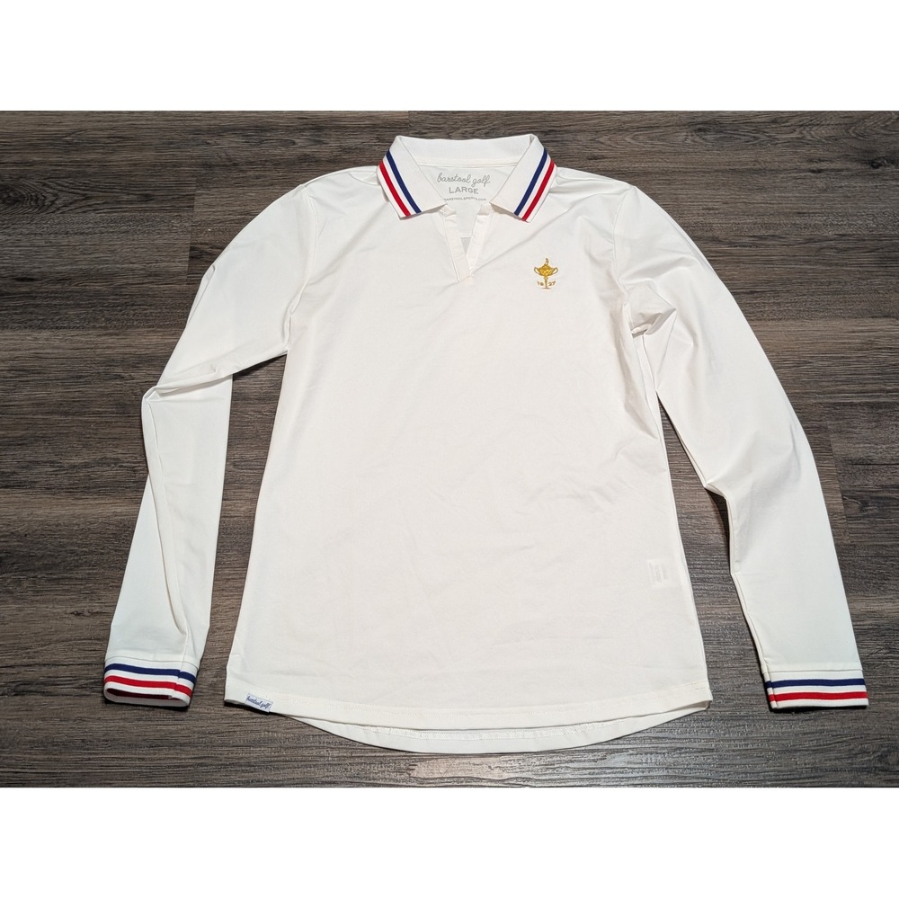 Barstool Golf Long Sleeve Polo Shirt White Large‎ Trophy Logo Collar Stripes